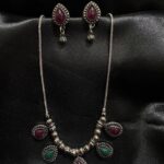 Silver-Plated Green & Red Stone-Studded Necklace Set - AVNS10