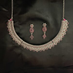 Ruby Bloom Stone Silver Necklace Set for Women AVNC15